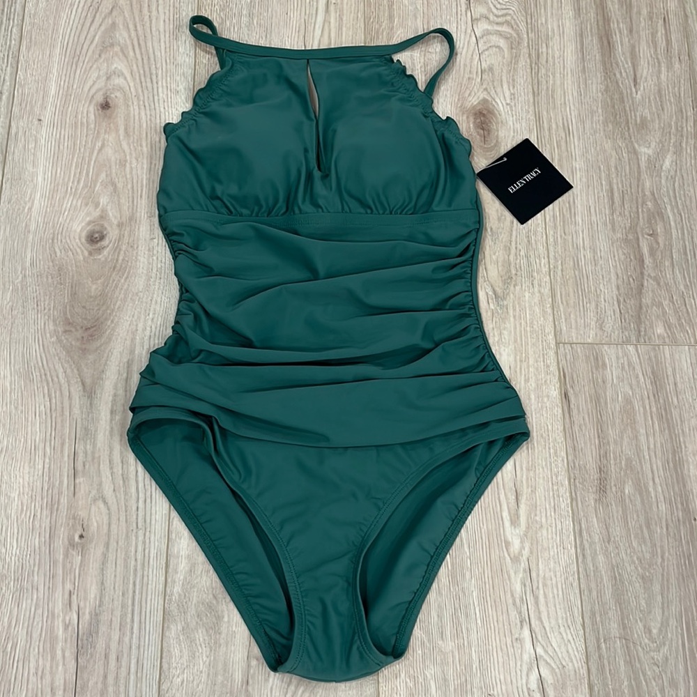 ELLEN TRACY ONE PIECE SWIMSUIT OLIVE GREEN BEACH SZ 6